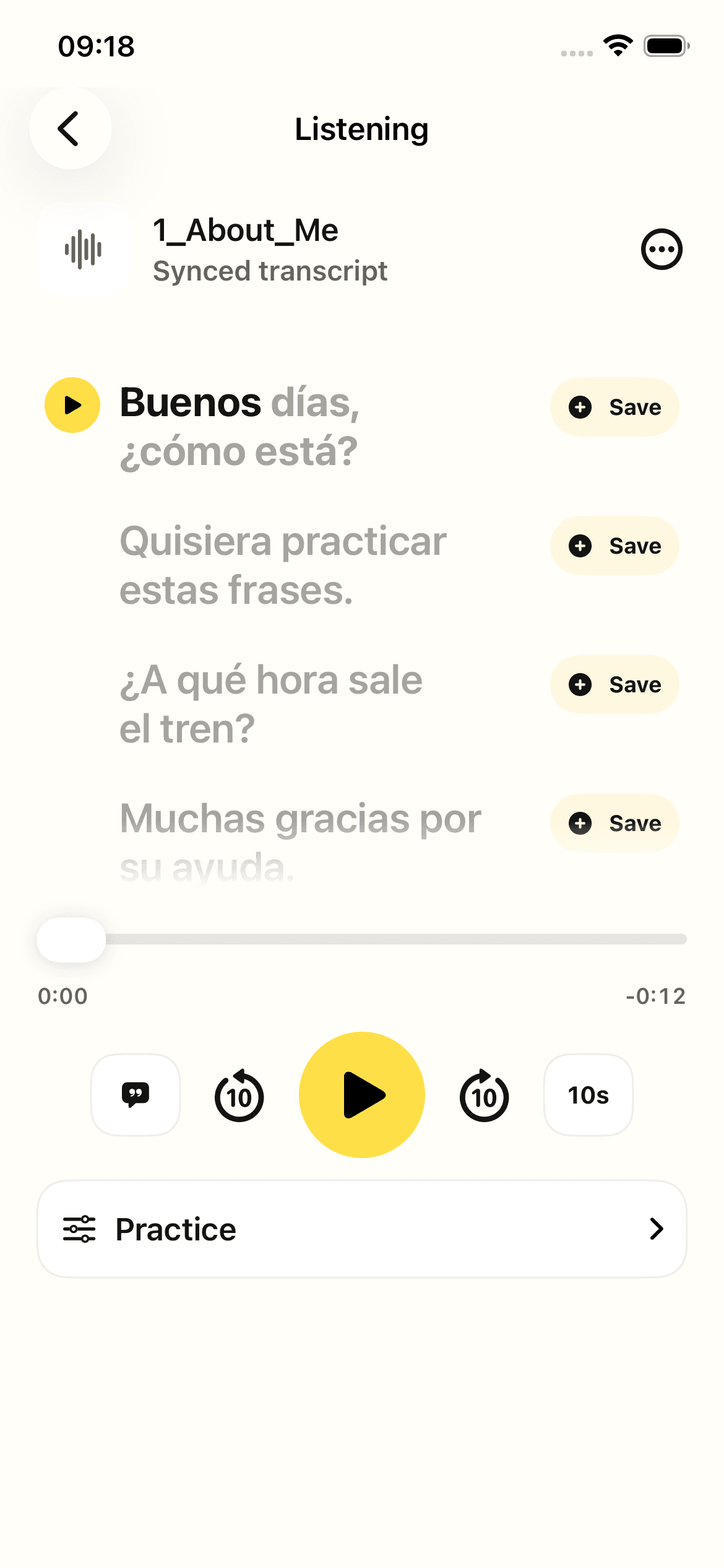 Current Poly audio player showing 1 About Me with synced transcript and playback controls