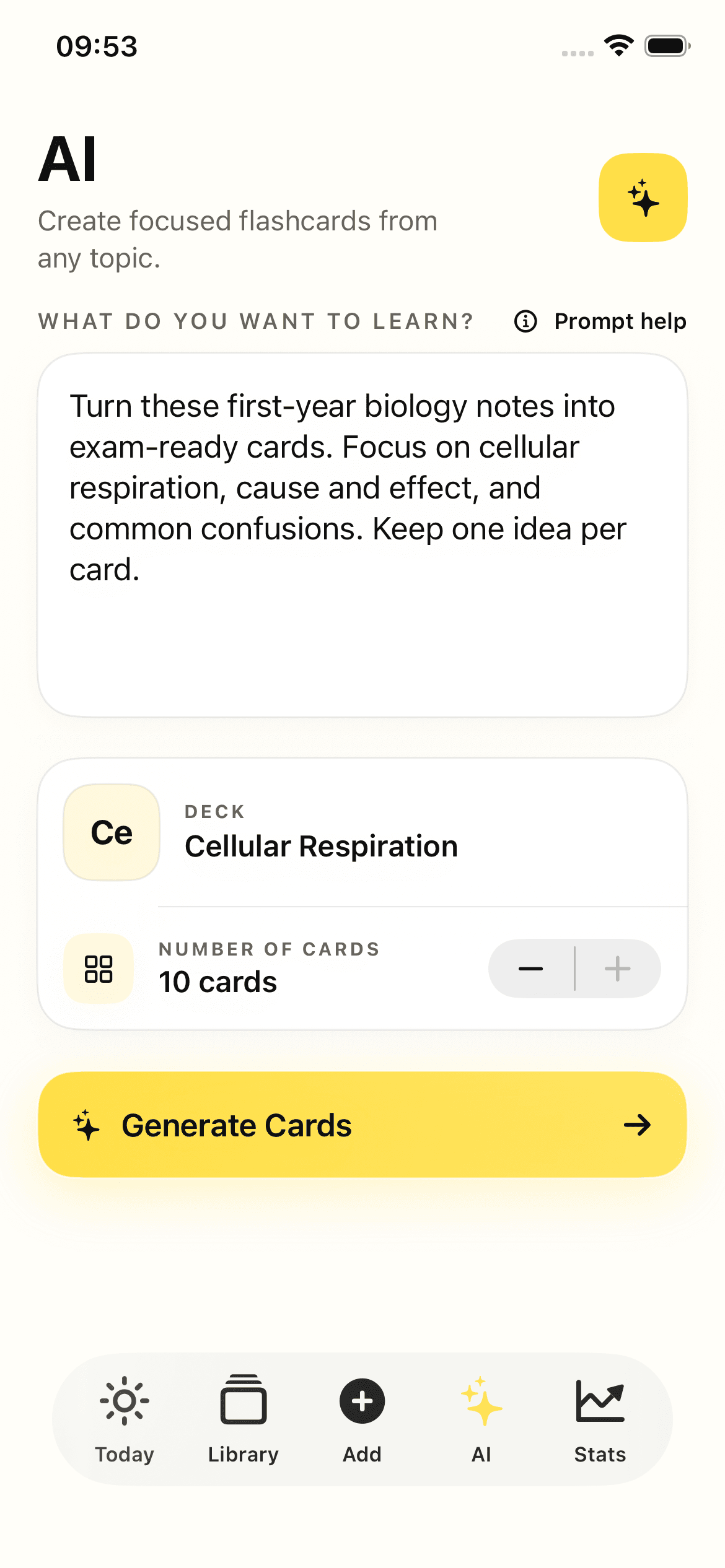 Poly AI deck builder with a cellular respiration prompt, deck name, card count, and Generate Cards button