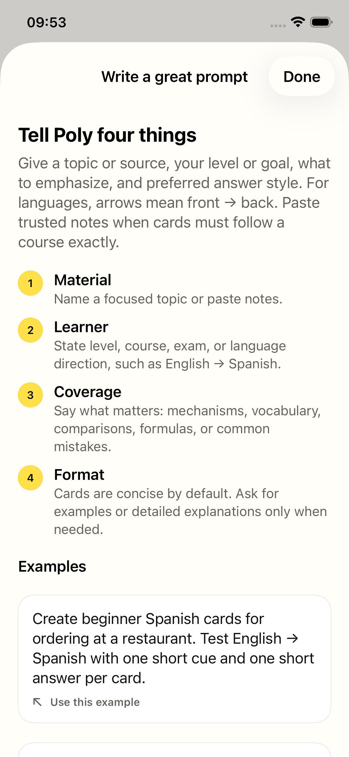 Poly prompt guide explaining material, learner, coverage, and format with example prompts