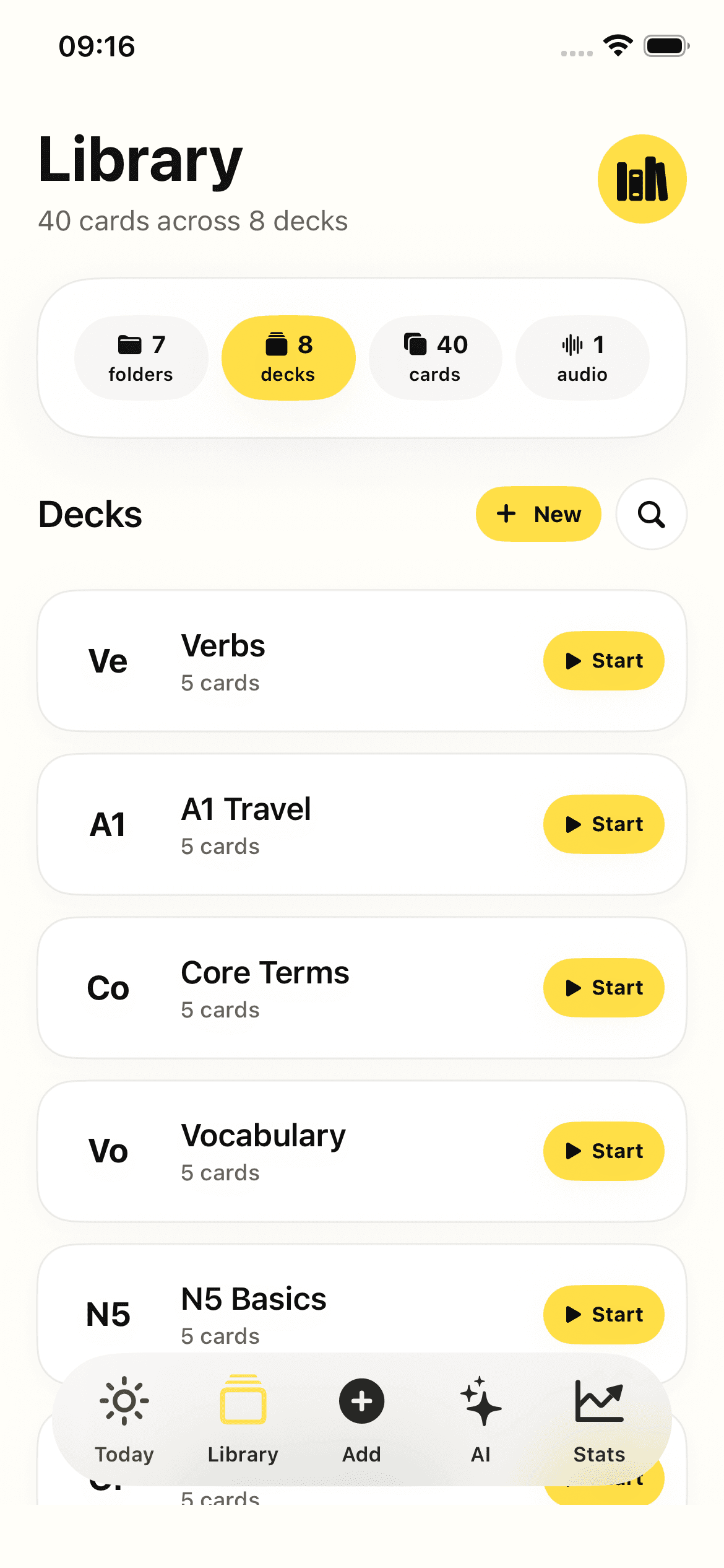 Current Poly Library showing decks for languages, anatomy, science, humanities, and technology